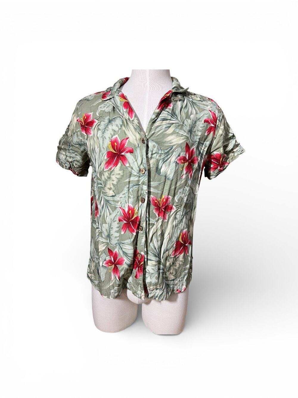 Havana Jacks Cafe Womens Green Floral Print Hawaiian Shirt Sz 1X Cruise